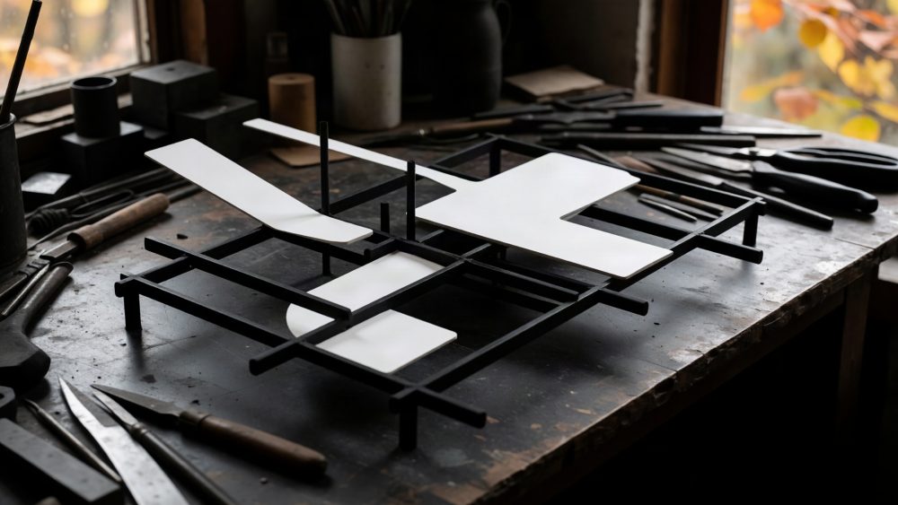 Escultura abstrata geométrica em metal preto e branco numa mesa de trabalho com ferramentas