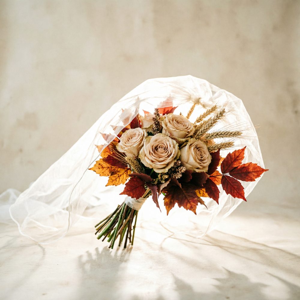 Bouquet de casamento com rosas creme, folhas vermelhas e espigas douradas envolto em tule branco