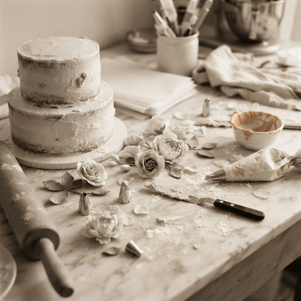 Bolo de casamento semi-decorado com flores de pasta de açúcar e utensílios de pastelaria numa mesa de mármore