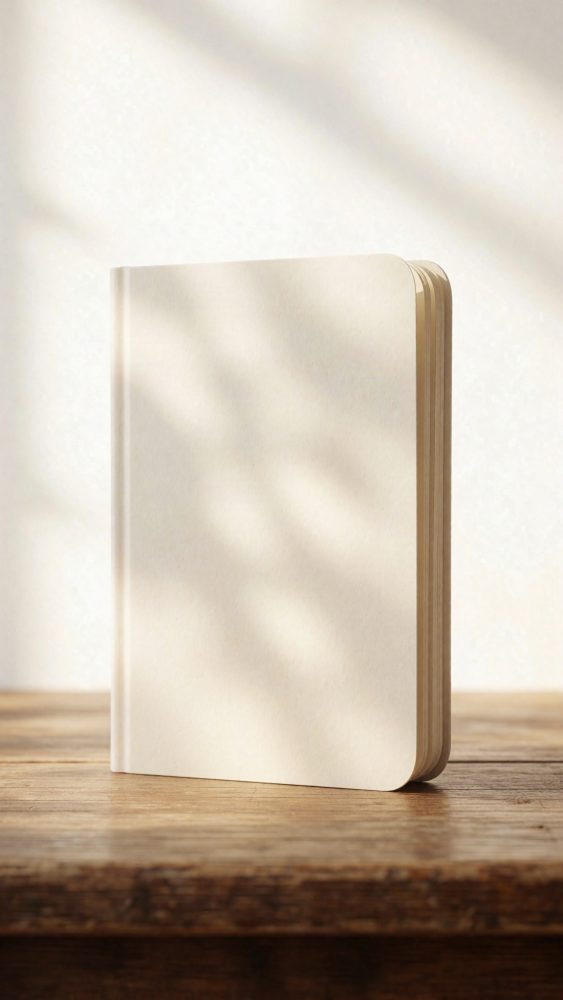 Caderno branco de capa arredondada em pé sobre mesa de madeira com luz natural
