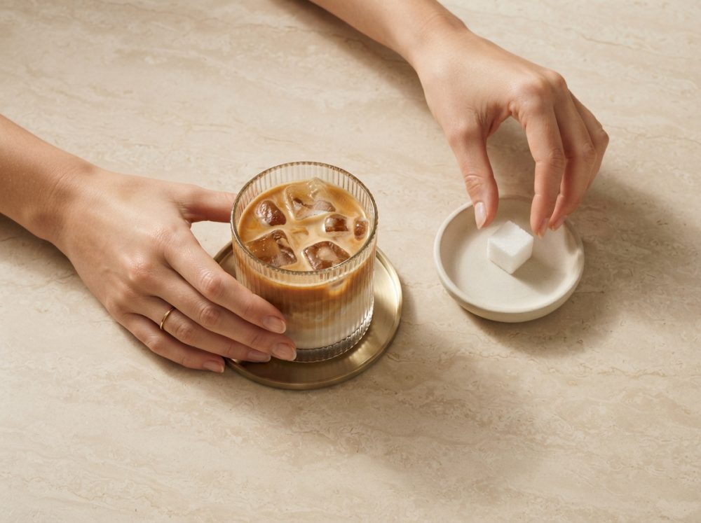 Mãos femininas com copo de café gelado com gelo e cubo de açúcar numa tigela pequena
