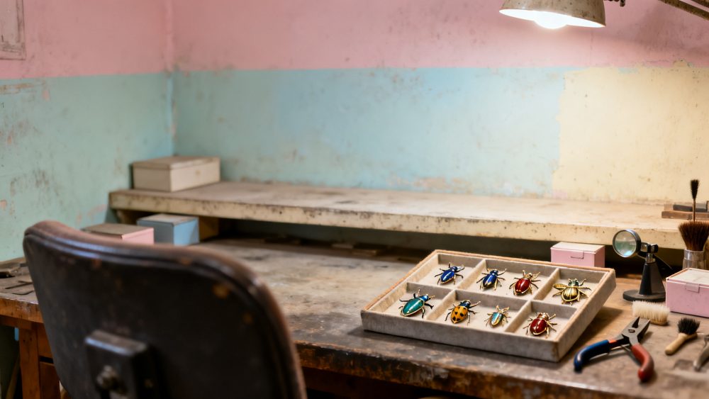 Mesa antiga com caixa expositora contendo insetos decorativos coloridos e ferramentas de colecionismo