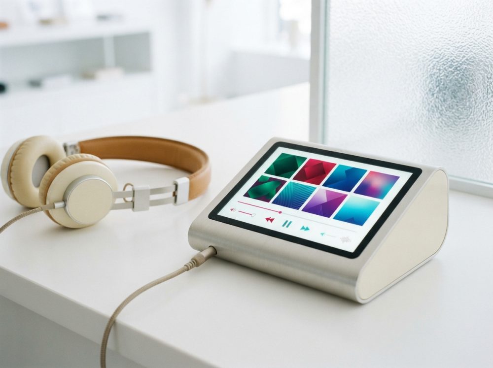 Leitor de música digital com ecrã colorido e auscultadores castanho claro sobre mesa branca