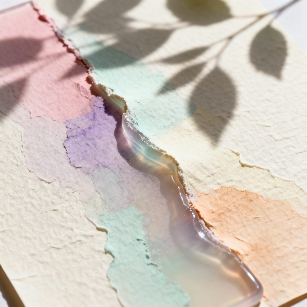 Arte abstrata em papel com cores pastel e sombra de folhas