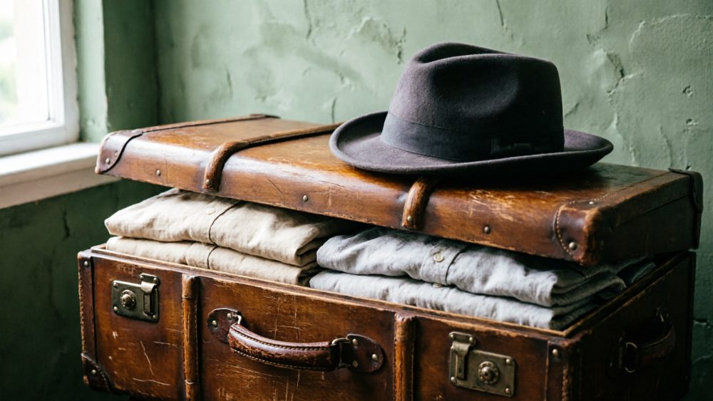 Mala vintage de madeira aberta com roupas dobradas e chapéu escuro sobreposta ao lado da janela