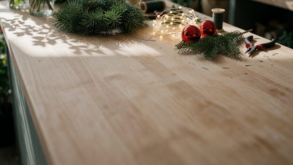 Mesa de madeira com enfeites de Natal, ramos de pinheiro, bolas vermelhas e luzes decorativas