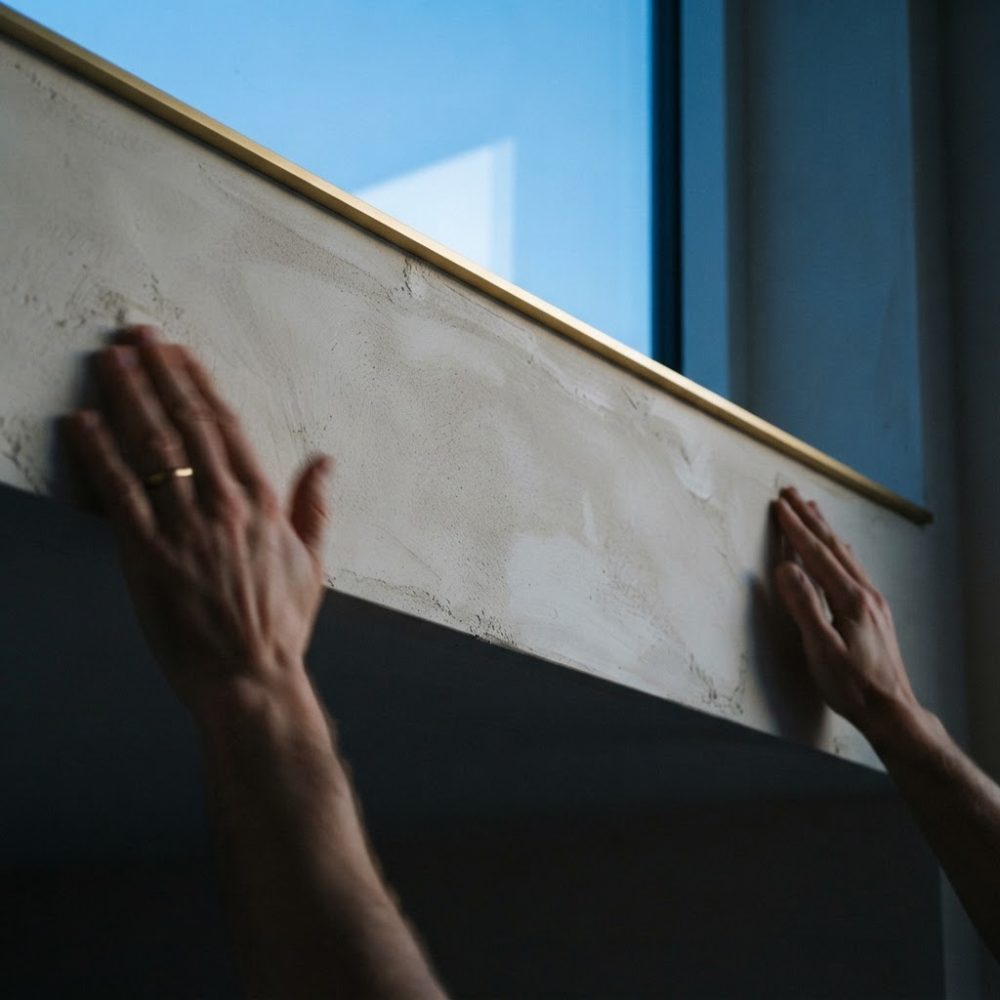 Mãos tocando parede de gesso com textura rústica junto a janela azul