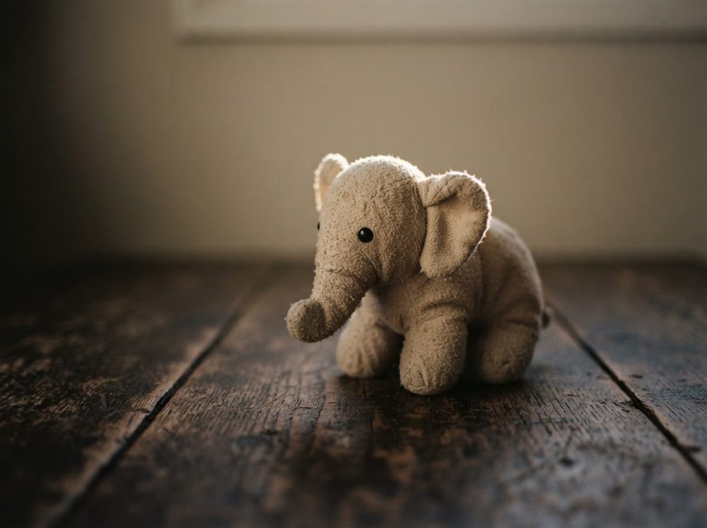 Elefante de peluche bege suave sentado sobre madeira escura rústica com iluminação aconchegante