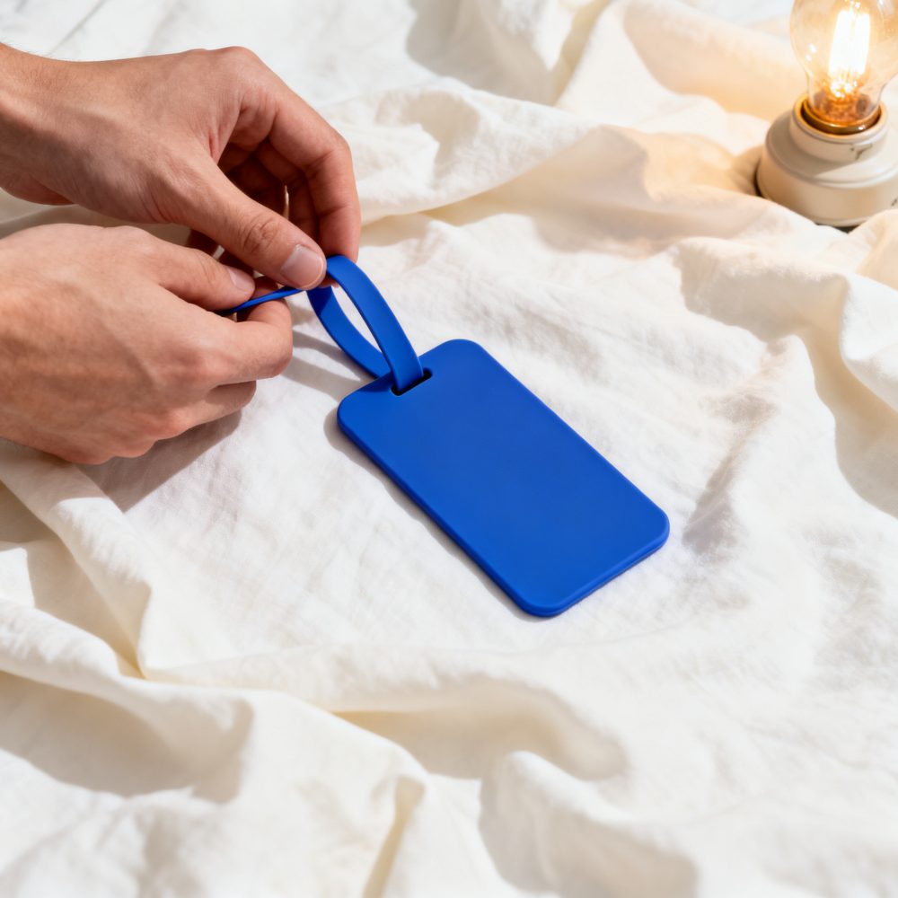 Mãos a colocar uma etiqueta de bagagem azul sobre tecido branco