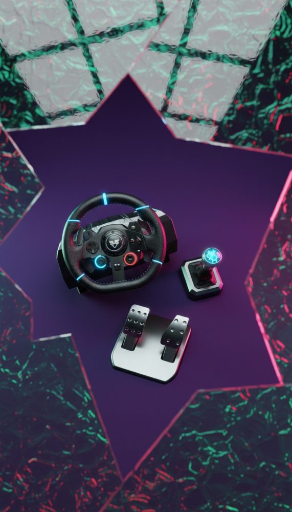 Volante para jogos com pedais e joystick sobre fundo roxo com moldura em forma de estrela