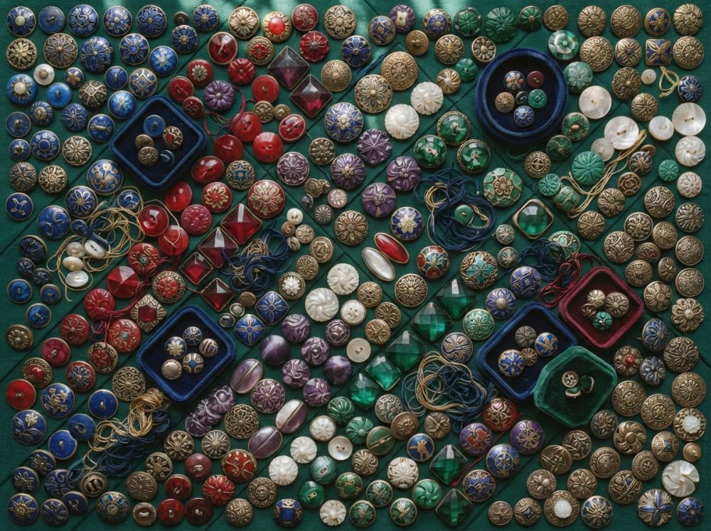 Botões vintage coloridos e decorados dispostos sobre fundo verde, alguns em caixas de veludo