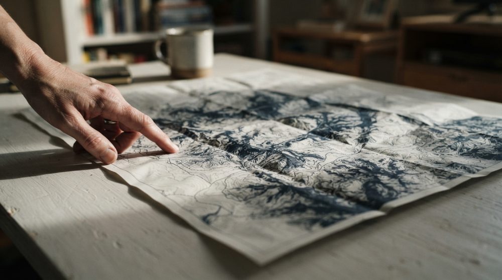 Mão a apontar para um ponto num mapa topográfico dobrado sobre mesa de madeira clara