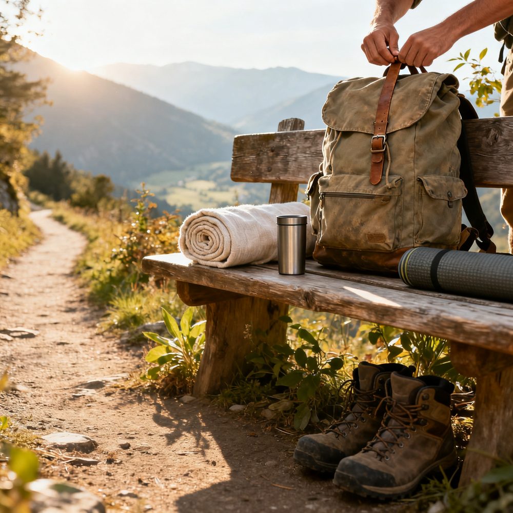 Mochila e botas de caminhada num banco de madeira com montanhas ao fundo ao pôr do sol
