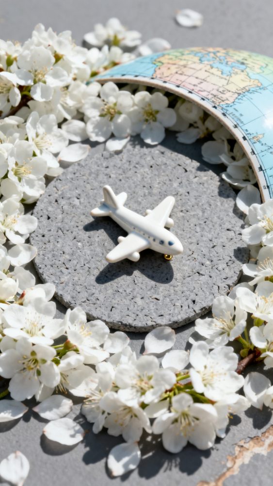 Miniatura de avião branca com globo e flores brancas em superfície cinzenta
