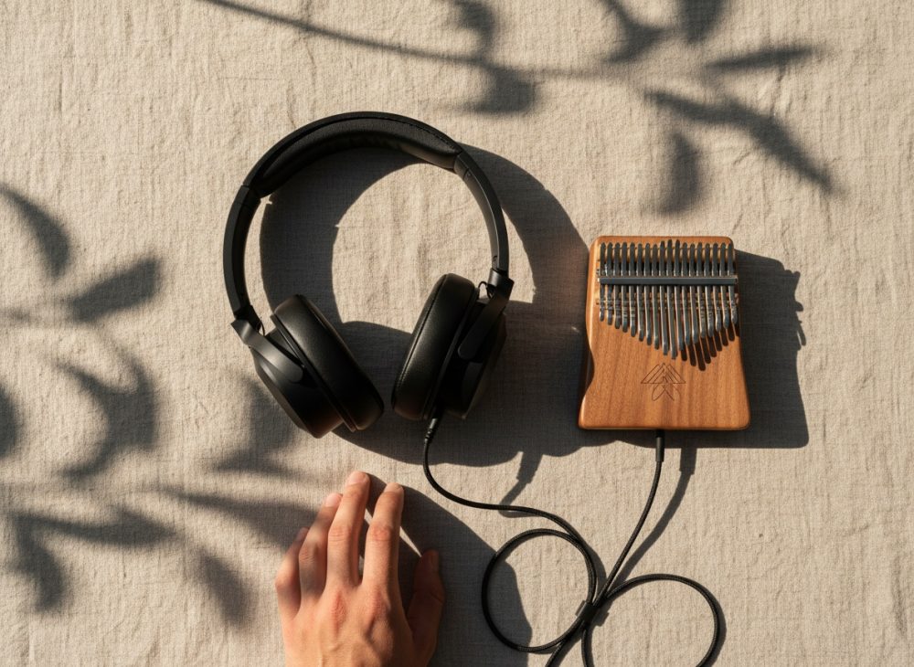 Auriculares pretos ligados a kalimba de madeira sobre tecido bege com sombras e mão próxima