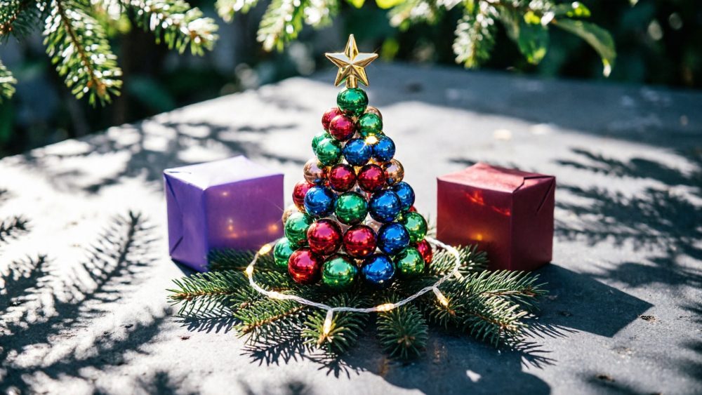 Mini árvore de Natal feita de bolas coloridas com estrela e dois presentes pequenos ao lado