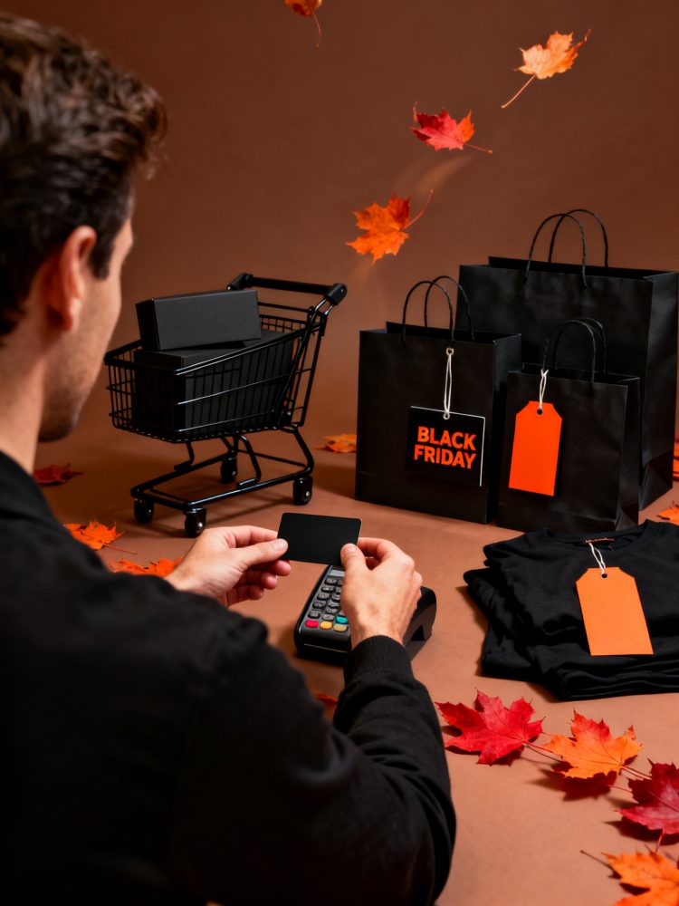 Pessoa a pagar com cartão numa mesa com sacos de compras pretos, carrinho, roupas e folhas de outono caídas