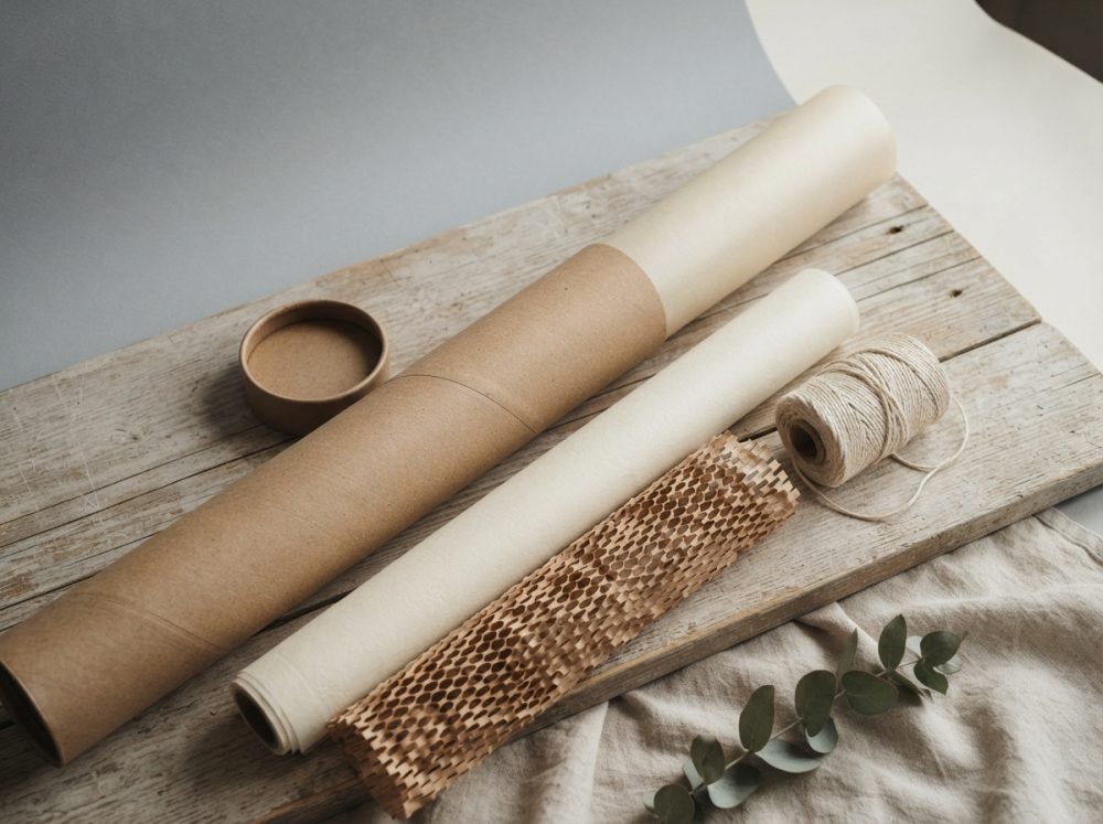 Rolos de papel kraft, papel creme, corda e papel alveolado sobre superfície de madeira rústica