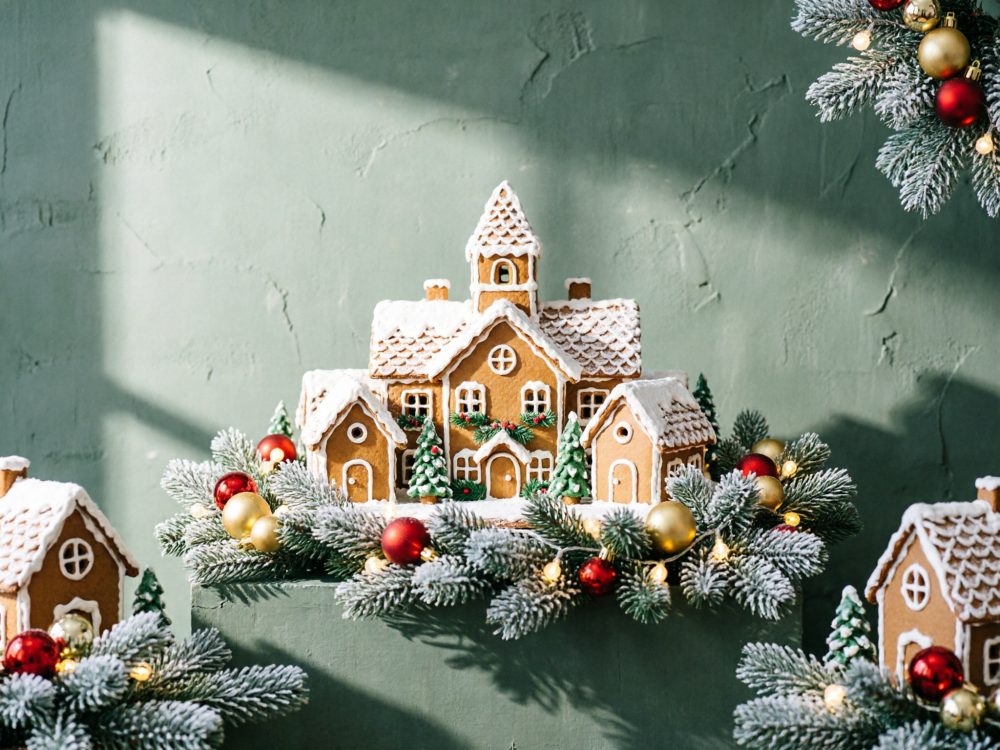 Casas de gengibre decorativas com pinheiros nevados, bolas vermelhas, douradas e luzes natalícias