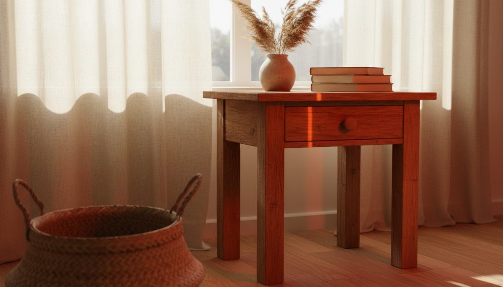 Mesa de apoio em madeira com vaso decorativo e livros numa sala com cortinas claras