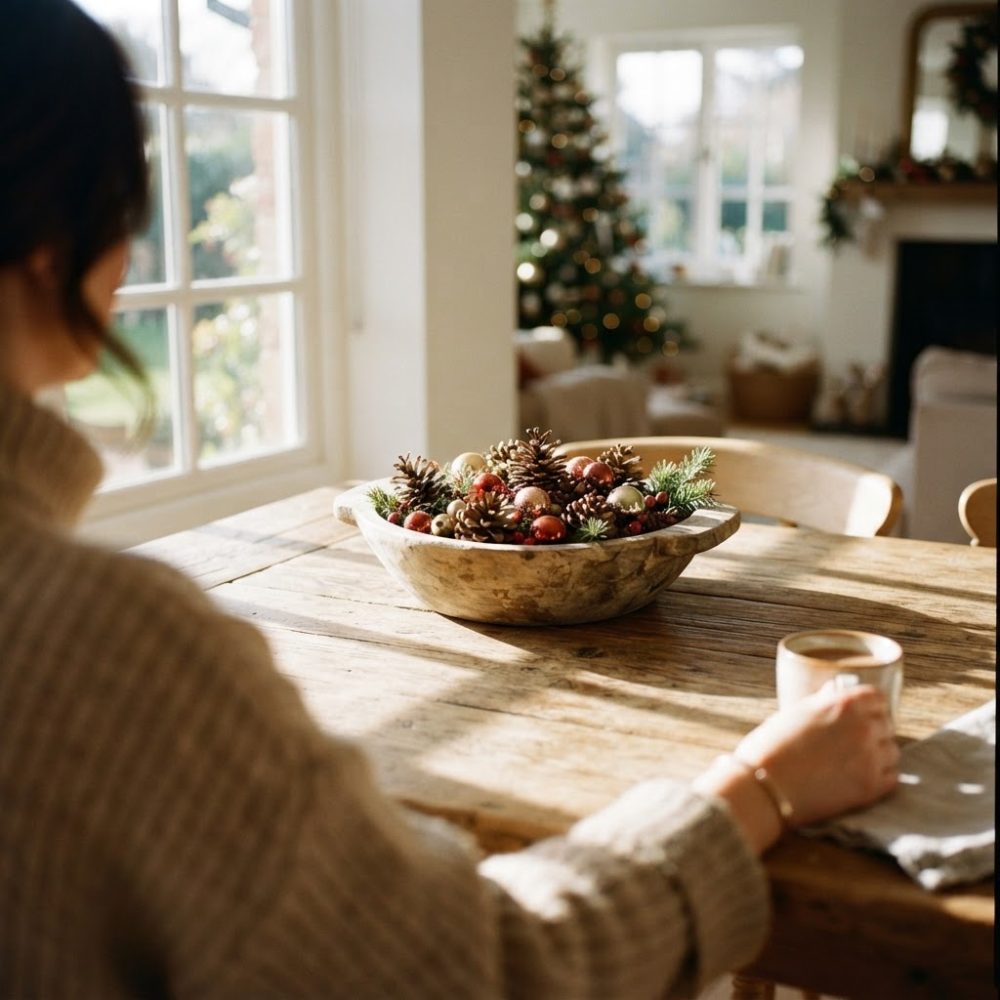 Pessoa com castanho, sweter bege, centro de mesa de Natal rústico com pinhas e bolas vermelhas na mesa de madeira