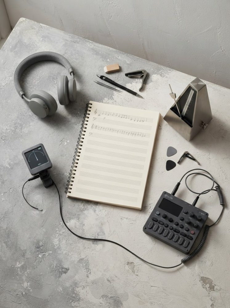 Mesa com equipamentos musicais como auscultadores, metronomo, afinador digital e bloco de pautas.