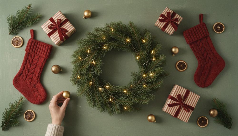 Guirlanda de Natal com luzes, meias vermelhas, presentes e bolas douradas sobre fundo verde