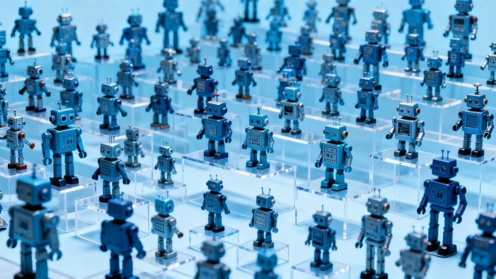 Várias miniaturas de robôs azuis e cinzentos alinhadas em expositores transparentes