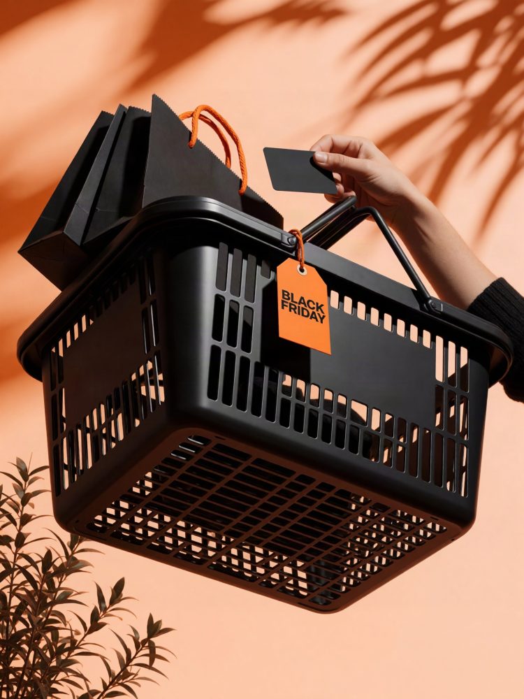 Cesta de compras preta com sacos e etiqueta Black Friday laranja, mão com cartão de crédito