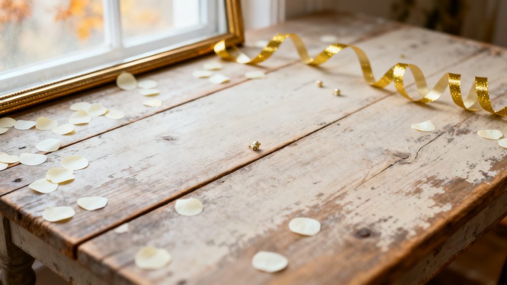 Mesa de madeira envelhecida com pétalas de papel branco e fita dourada para festa
