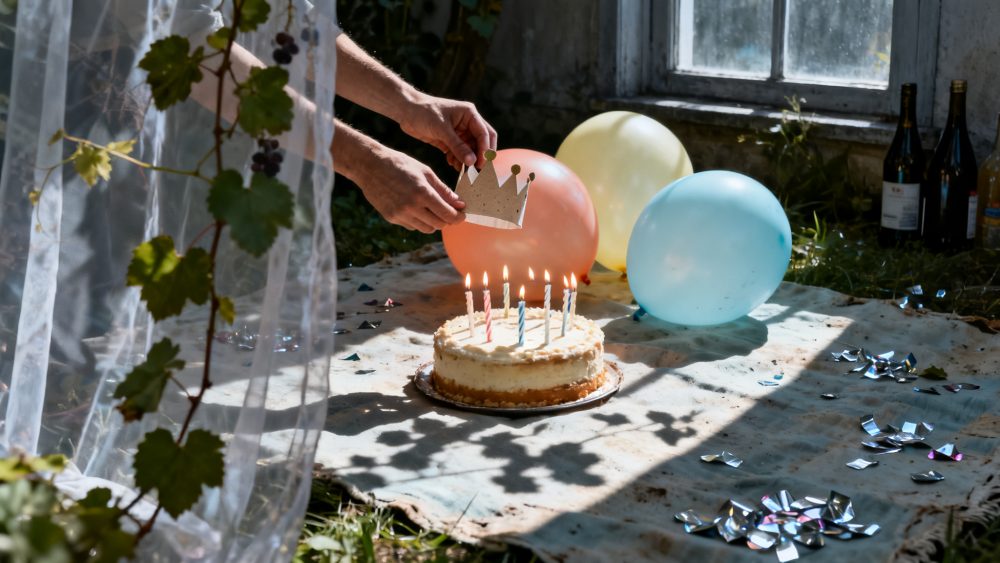 Mesa com bolo de aniversário, velas acesas, balões de cores e confetes perto de janela