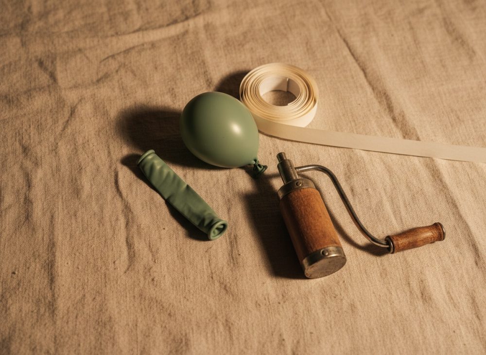 Kit de festa com bomba manual de balões, dois balões verdes e fita decorativa creme.