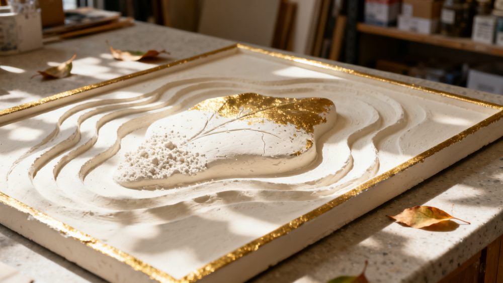 Relevo branco com textura e detalhes dourados sobre mesa iluminada com folhas secas ao redor