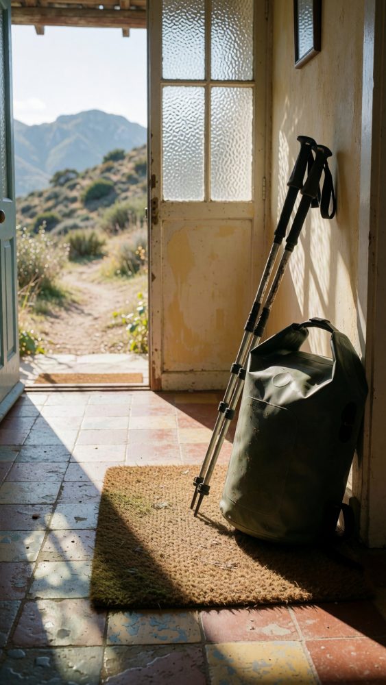 Mochila e bastões de caminhada encostados numa entrada com porta aberta para trilho de montanha ao sol
