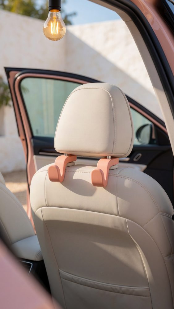 Gancho rosa duplo agarrado ao encosto de cabeça de banco de carro bege com porta aberta ao fundo