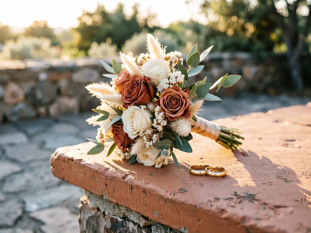 Bouquet com rosas brancas e castanhas e duas alianças douradas sobre banco de pedra ao ar livre