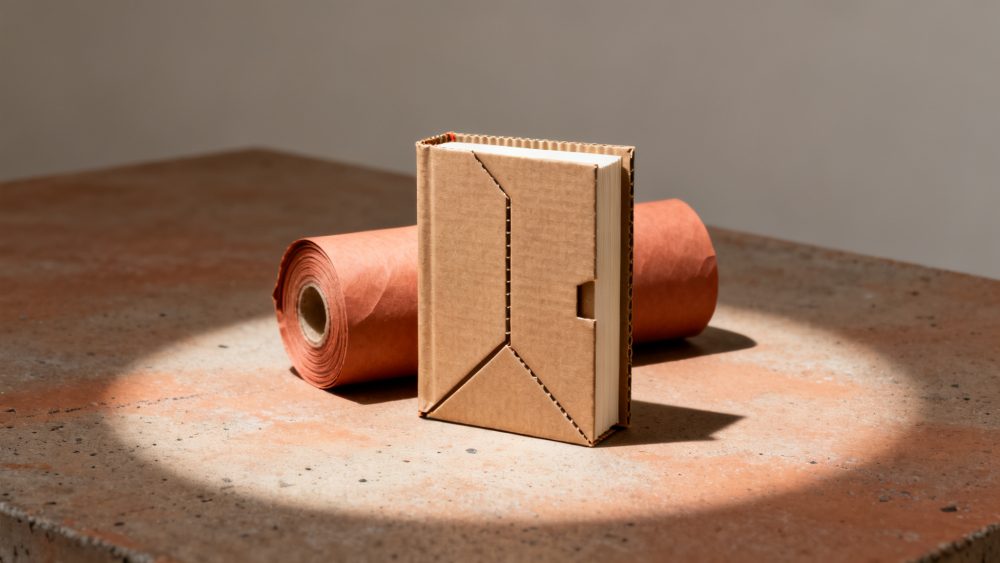 Caixa de cartão reciclado junto a rolo de papel castanho sobre mesa rústica