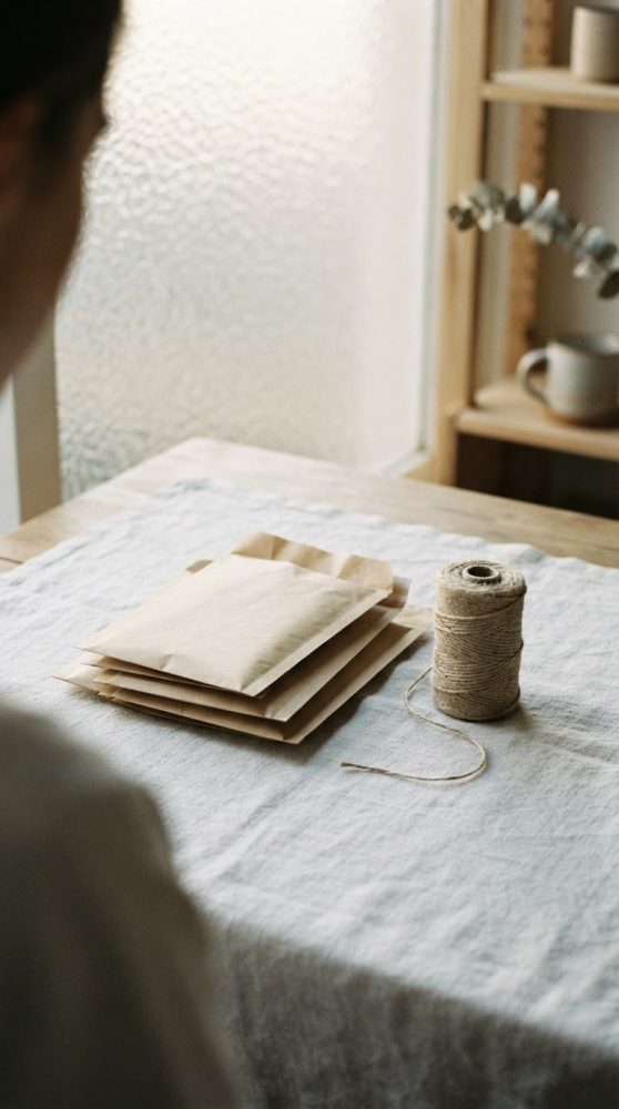 Pacotes em papel kraft empilhados com novelo de fio natural sobre mesa branca