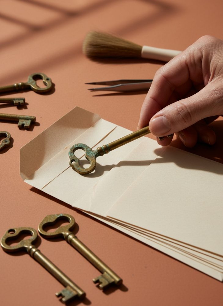 Mão segura uma chave antiga sobre envelopes com mais chaves e ferramentas de limpeza à volta em fundo castanho