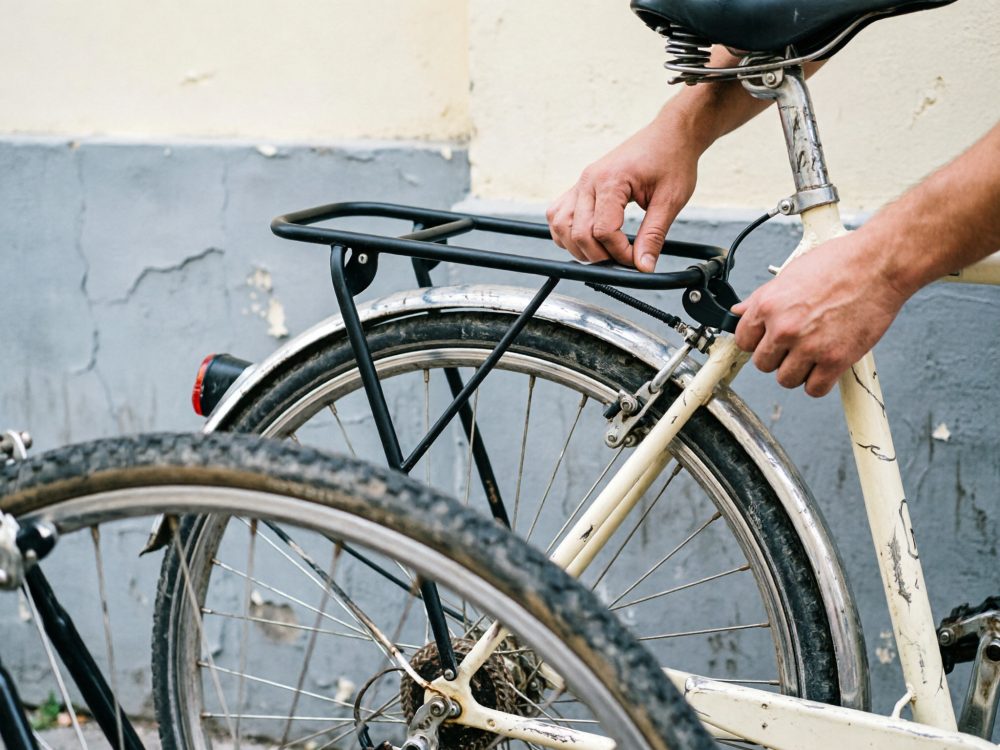 Bicicleta urbana branca com bagageira preta e mãos ajustando a estrutura junto a parede descascada