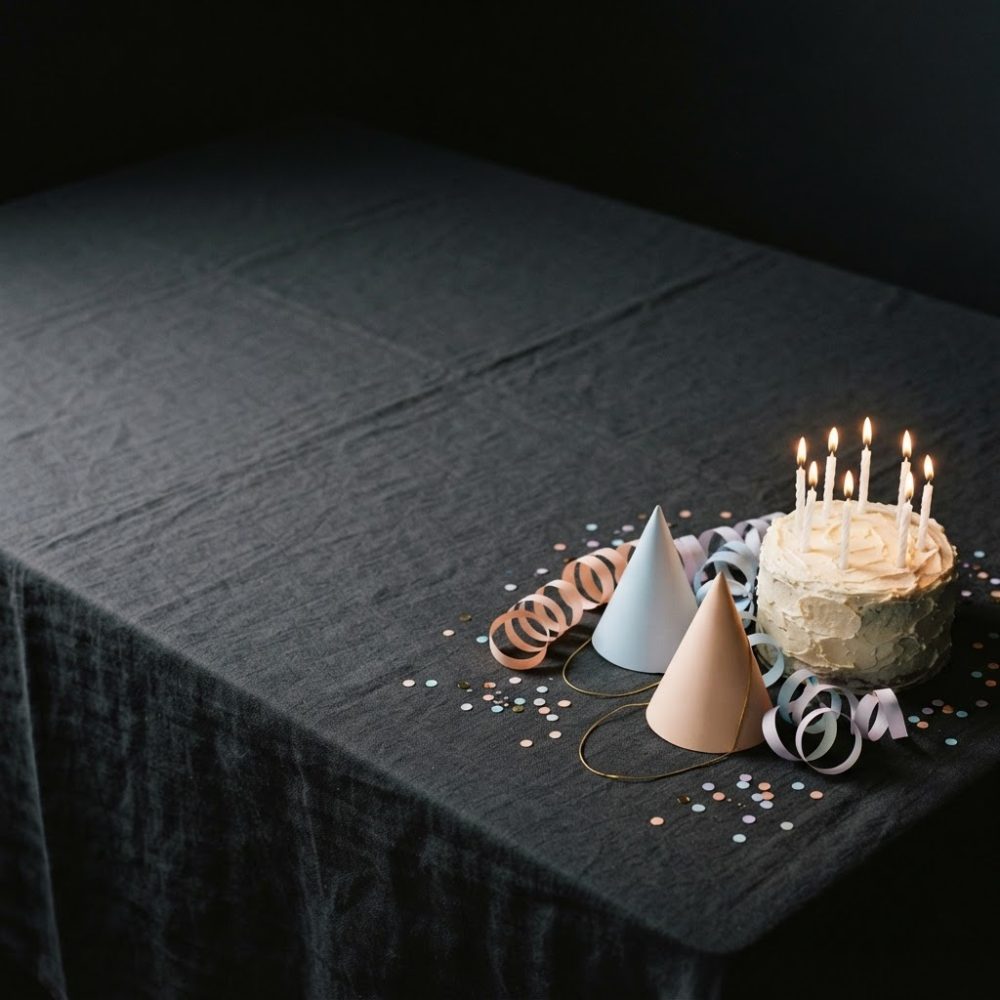 Mesa escura com bolo de aniversário com velas acesas, chapéus de festa e confetes