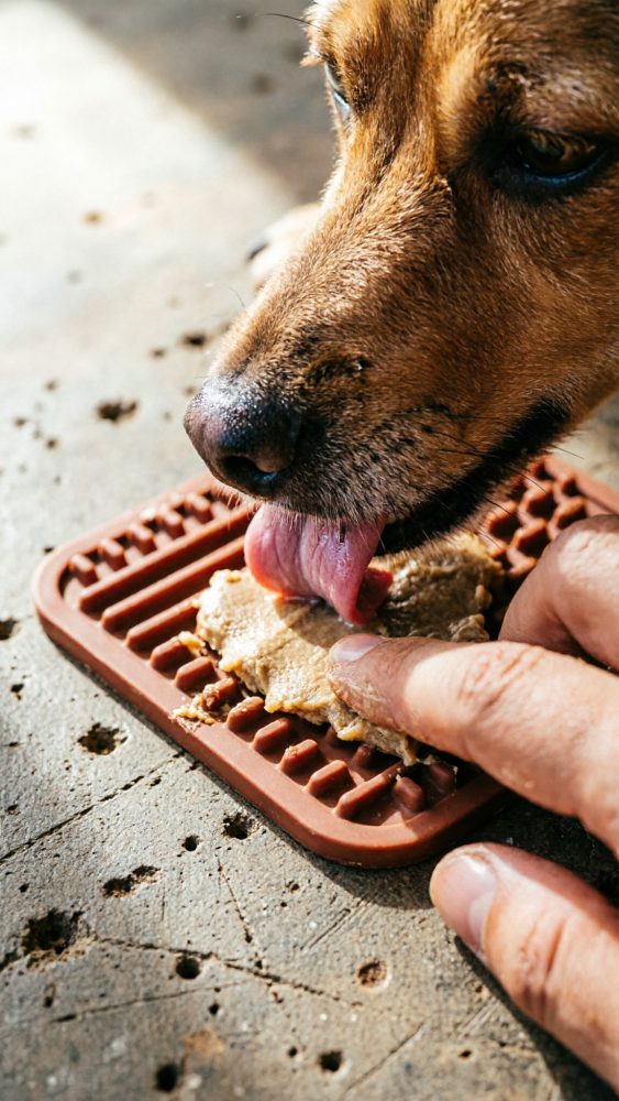 Cão lambendo petisco colocado em base de silicone sobre chão cinzento