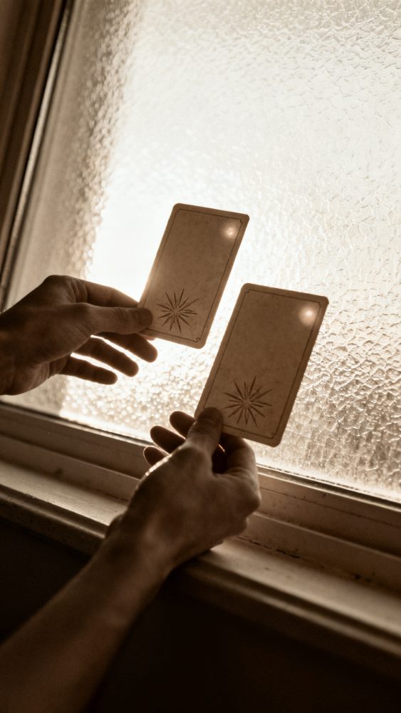 Mãos seguram duas cartas de tarot antigas contra janela translúcida com luz suave