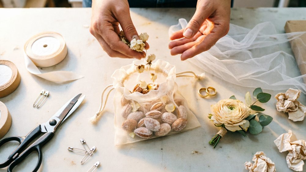 Mãos organizam saco de tule com amêndoas e flores, com alianças, tesoura e fita na mesa