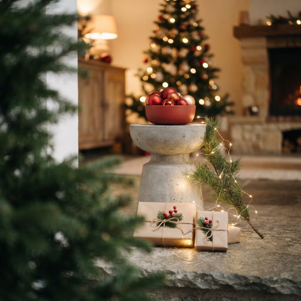 Decoração de Natal com bolas vermelhas numa taça, presentes rústicos e árvore iluminada ao fundo