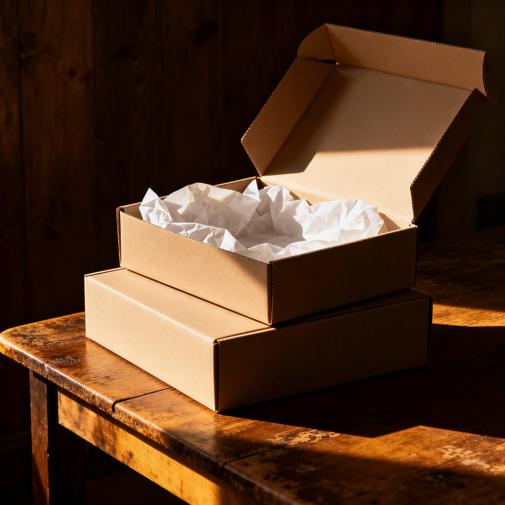 Caixas de cartão castanho empilhadas numa mesa de madeira com papel branco de enchimento