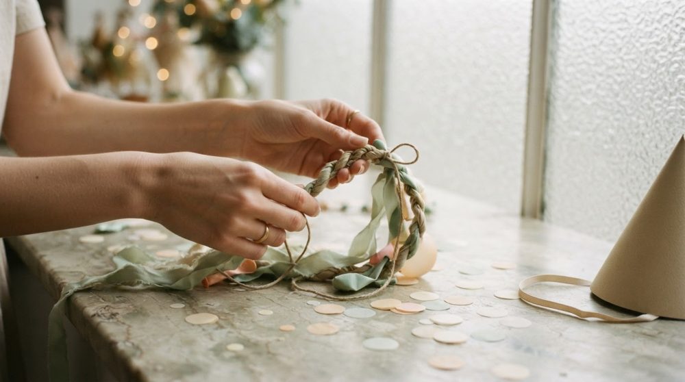 Mãos femininas segurando coroa trançada decorada com fitas junto a confetes e chapéu de festa sobre uma superfície ampla.