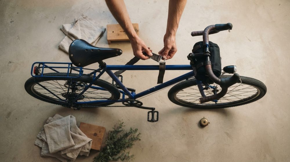 Bicicleta azul com selim vintage e bolsa preta vista de cima em oficina