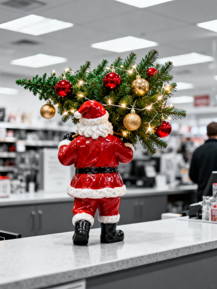 Figura de Pai Natal a segurar uma árvore de Natal decorada com bolas vermelhas e douradas e luzes brancas
