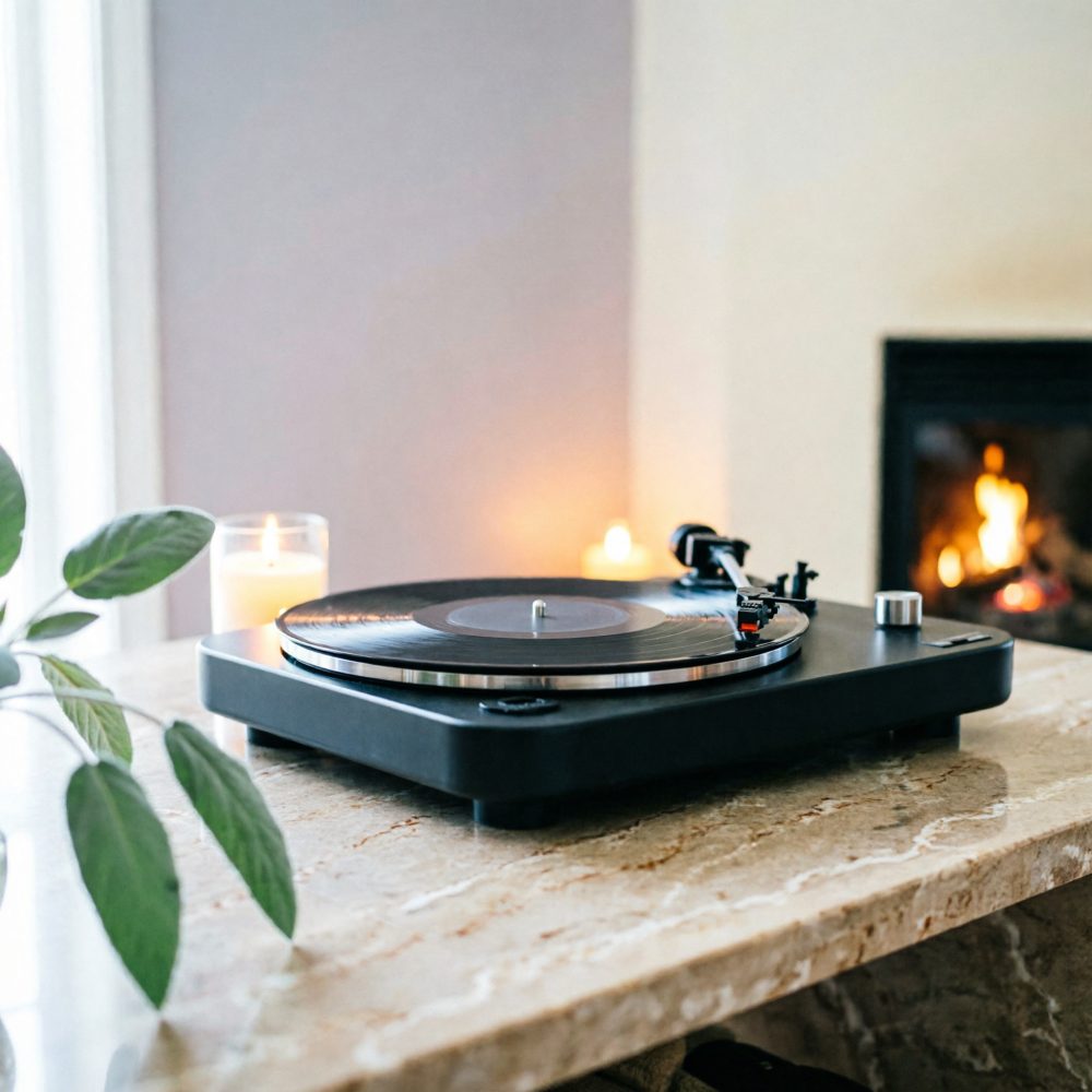 Leitor de vinil preto sobre mesa de pedra com lareira e velas acesas ao fundo